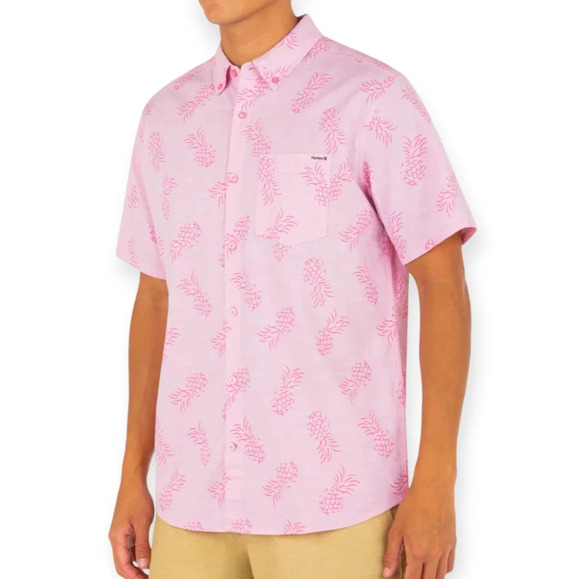 Hurley Pink Pineapple Print Button  Down Short Sleeve Collared Top Mens Small - Picture 1 of 11